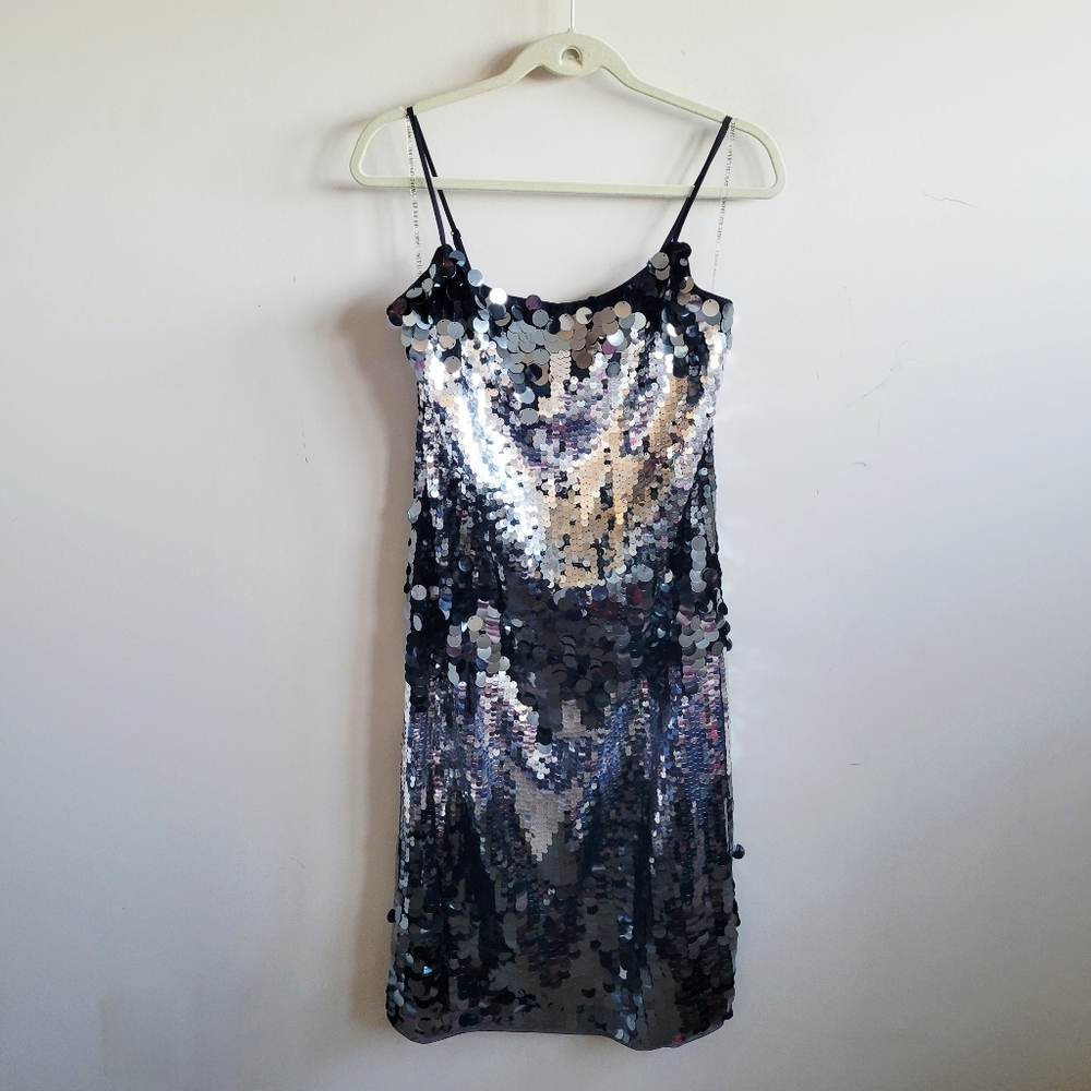 Avec Les Filles Silver Sequin Slip Dress